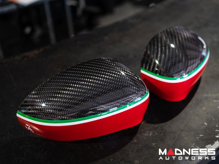 FIAT 500 Mirror Covers - Carbon Fiber - Red Lower Portion - Italian Racing Stripe w/ White Scorpion